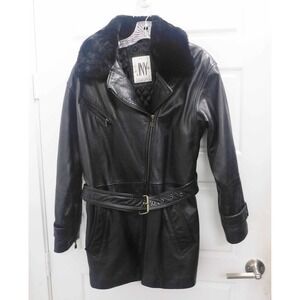 Jones Of New York Women Black Leather Zipper Belted Jacket Faux Fur Collar‎ sz S